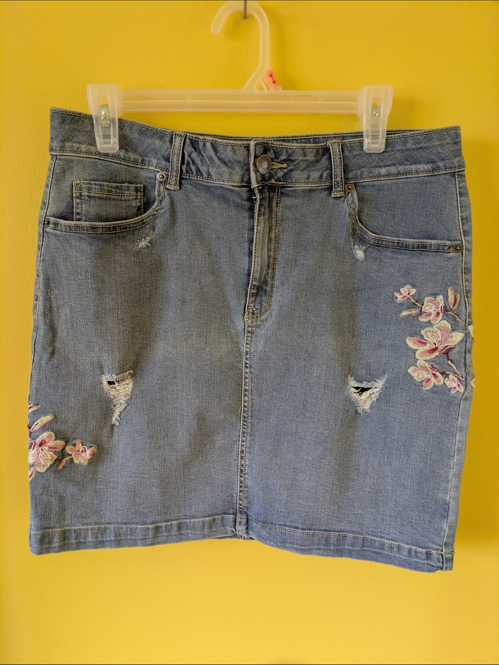 Blue Embroidered Denim Skirt - Women's Floral Jeans Skirt